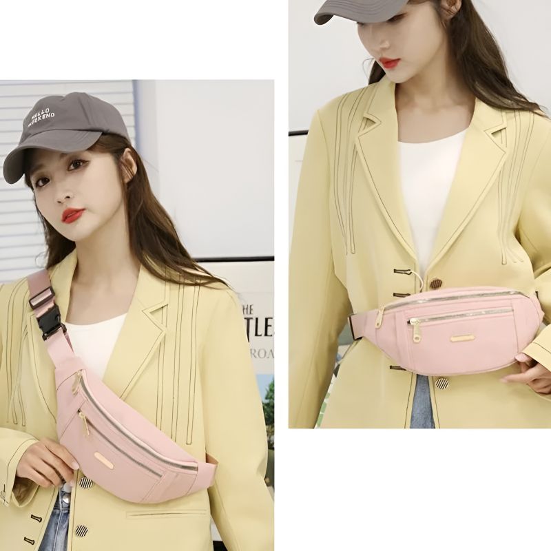 Bauchtasche aus rosa Baumwolle, über die Schulter und um die Taille getragen