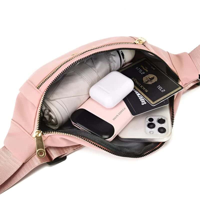 Bauchtasche aus rosa Baumwolle offen