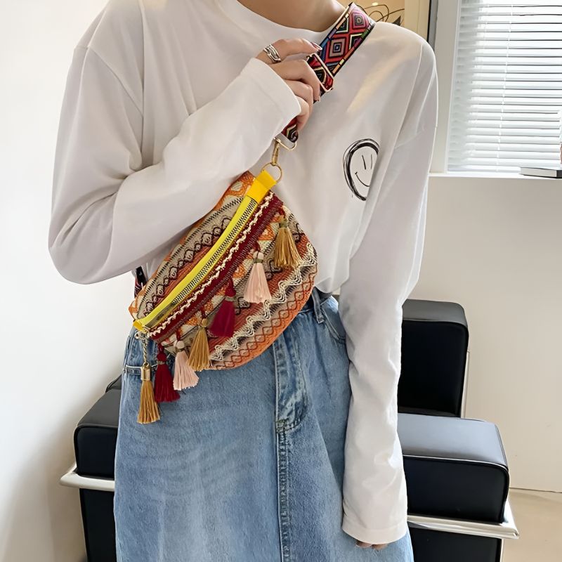 Ethnische Fransen-Bauchtasche mit Schulterriemen
