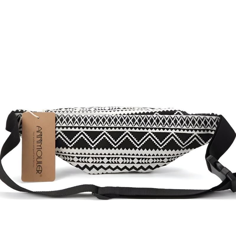Bauchtasche aus Stoff für Damen mit ethnischem Muster Schwarz/Weiß (Rückansicht)